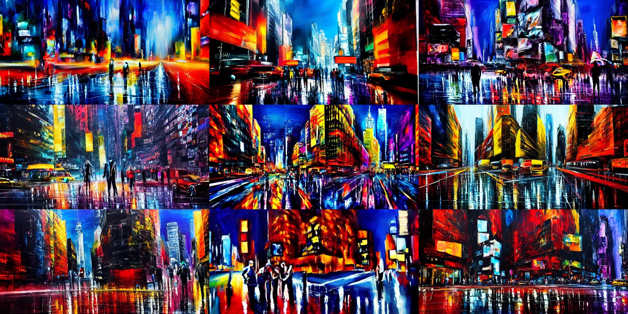 Prompt: big shiny diamond in middle of the big streets of new york. midnight rain, reflections everywhere. epic futuristic scene. tired, beaten city. neo noir style, dramatic high contrast colorful lighting. high action! acrylic painting, layered impasto, heavy gesture style. unbelievable scene.