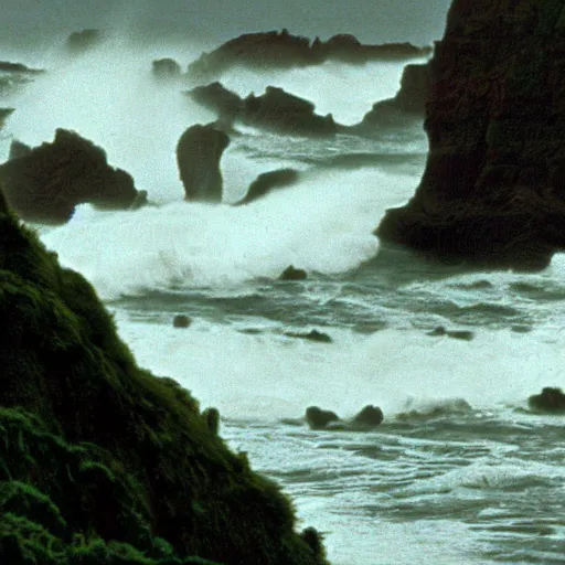 Image similar to moody 1 9 7 0's artistic technicolor spaghetti western film, a large huge group of women in a giant billowing wide long flowing waving green dresses, standing inside a green mossy irish rocky scenic coastline, crashing waves and sea foam, volumetric lighting, backlit, moody, atmospheric, fog, extremely windy, soft focus