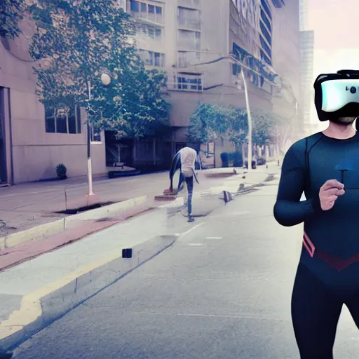 Prompt: Super hero wearing a virtual reality headset in big city, render, ray tracing