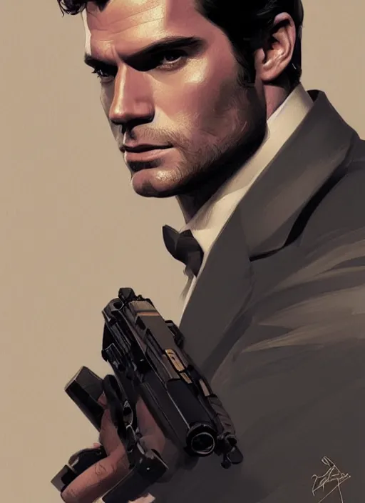 Image similar to portrait of henry cavill as james bond, highly detailed, pistol, digital painting, artstation, concept art, oppresive lighting, sharp focus, illustration, art by artgerm and greg rutkowski and alphonse mucha