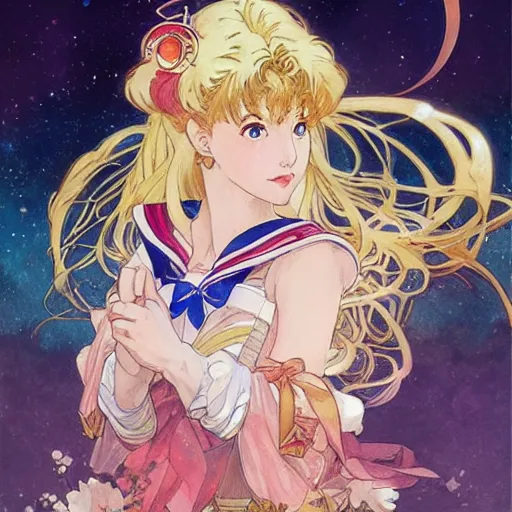 Image similar to Portrait of Sailor Moon by Naoko Takeuchi. Art by Greg Rutkowski and Alphonse Mucha