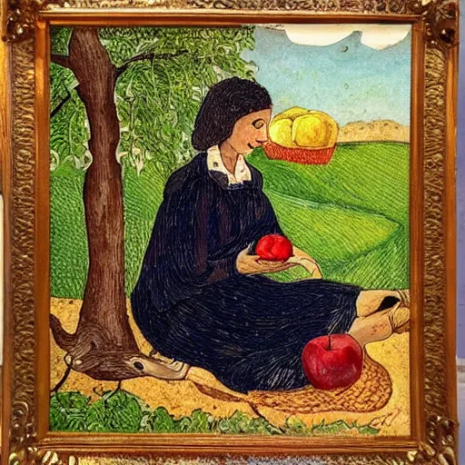 Prompt: in the style of iraklij toidze. woman sitting under an apple tree. fine detail