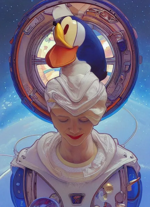 Image similar to Donald Duck as an astronaut, woman, fantasy, intricate, elegant, highly detailed, centered, digital painting, artstation, concept art, smooth, sharp focus, illustration, art by artgerm and donato giancola and alphonse mucha