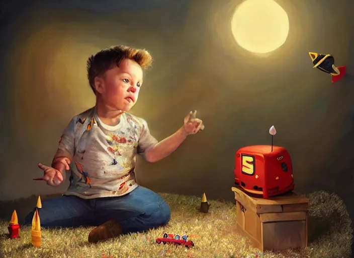 Prompt: toddler elon musk sitting on a shaggy rug playing with his little rockets, holding a rocket, bedroom, realistic painting, beautiful lighting, istvan sandorfi