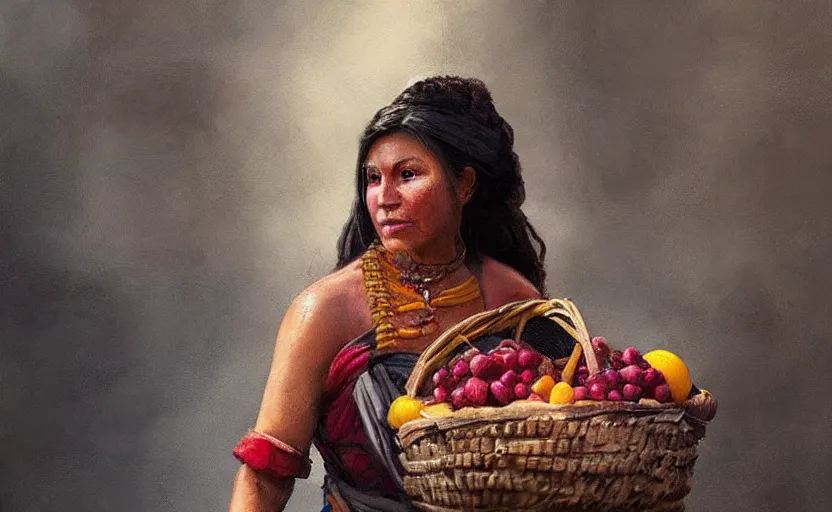 Image similar to A painting of an Aztec Woman carrying a Basket of Fruit trending on artstation in the style of Greg Rutkowski