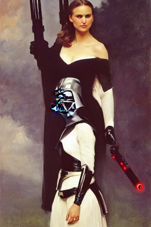 Prompt: elegant romantic portrait photo of natalie portman as darth vader by greg manchess, mucha, william adolphe bouguereau, john singer sargent, sorolla, winslow homer, dean cornwell, james gurney, kilin eng, ilya repin, armor