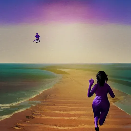 Image similar to portrait, giant purple dahlia flower head, woman running at the beach, surreal photography, sunrise, blue sky, dramatic light, impressionist painting, digital painting, artstation, simon stalenhag