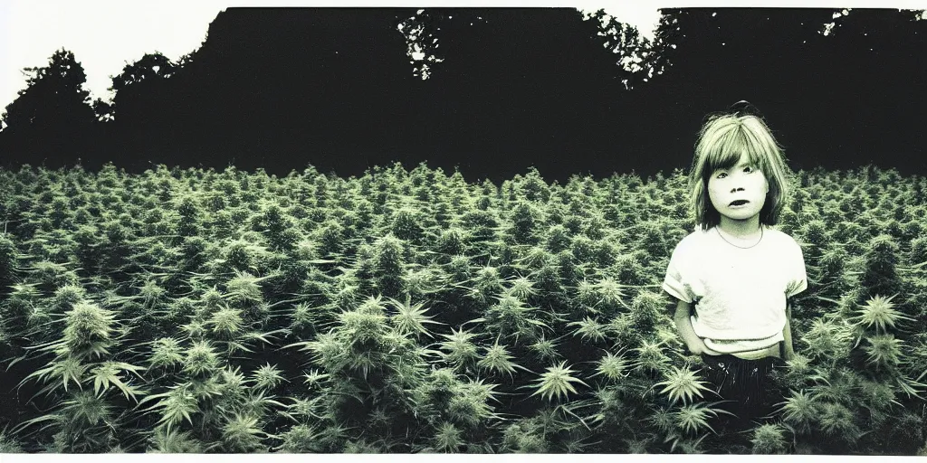 Prompt: a photograph of a child in a field of cannabis plants looking towards the camera, in the british countryside on a dusky summer evening, sunset, fireflies, analogue photography, film grain, kodachrome, high contrast, daido moriyama