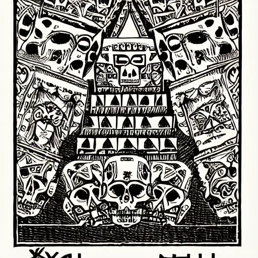 Prompt: precisely drawn illustration of a Mayan ziggurat decorated with skulls, old-fashioned tarot card, victorian playing card, sepia tone, wide angle, sharp, fine details, anime, manga, French comic style, cyberpunk, intense line art, 8k, precise linework, realistic, shaded lighting by katsuhiro otomo ghost-in-the-shell, magali villeneuve, artgerm, rutkowski Jeremy Lipkin and Giuseppe Dangelico Pino and Michael Garmash and Rob Rey and Moebius