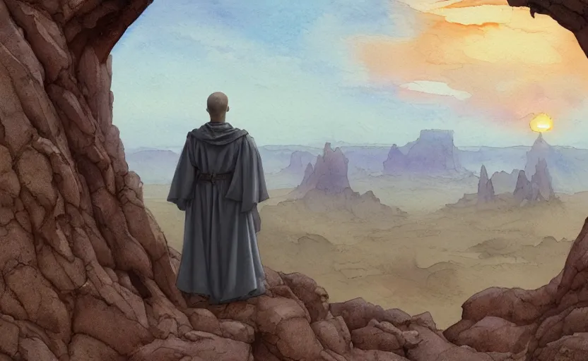 Image similar to a hyperrealist watercolor concept art of a medieval monk in grey robes looking at a sunset through a rock arch dimensional portal to an alien world. very muted colors, by rebecca guay, michael kaluta, charles vess. high detail, hq, wide shot, 4 k