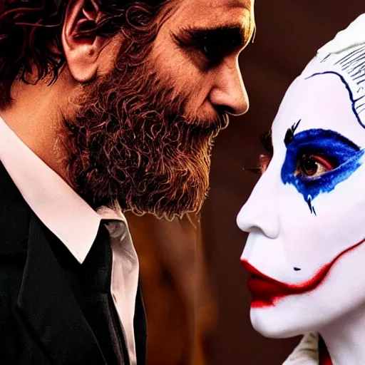 Image similar to ultra realistic stealth candid photograph from joaquin phoenix with lady gaga in new joker movie footage's, intricate details, face details, proportional body details, full medium shot.