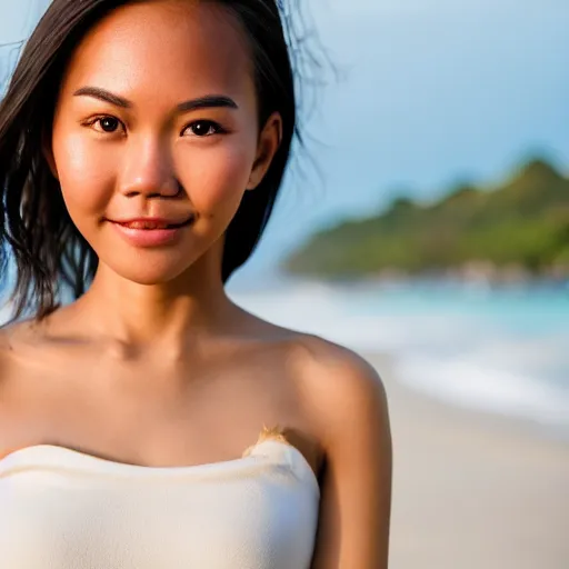 Prompt: a beautiful full body portrait of a smiling, slim, Filipina girl, beautiful detailed eyes, golden hour, standing on a beach in Boracay, outdoors, professional award winning portrait photography, Zeiss 150mm f/ 2.8 Hasselblad