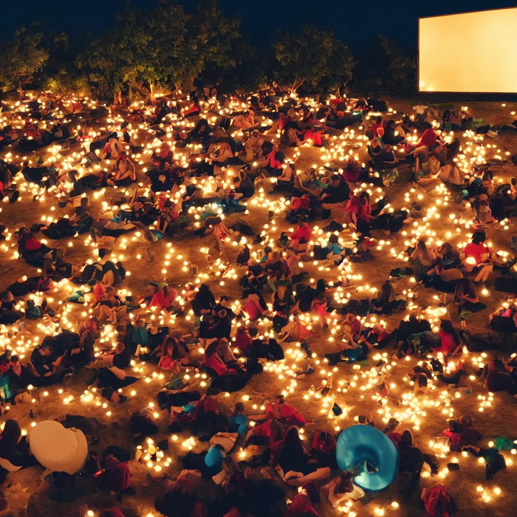 Image similar to outdoor cinema with giant popcorn kernels at night