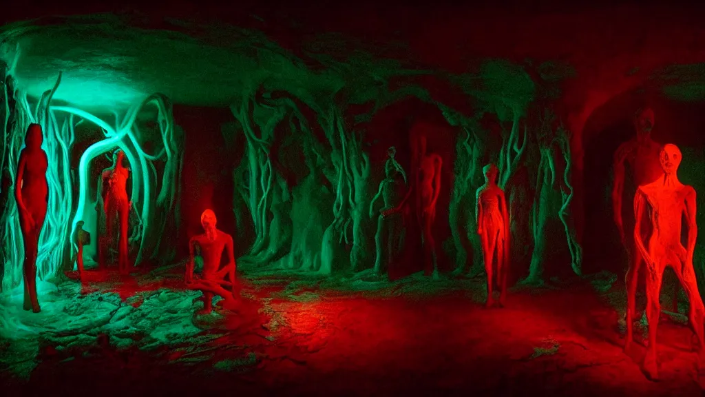 Image similar to the creature in the basement, made of glowing wax and ceramic, surrounded by friendly faces, film still from the movie directed by denis villeneuve and david cronenberg with art direction by salvador dali and zdzisław beksinski, wide lens