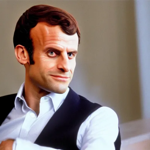 Prompt: Emmanuel Macron wearing François 1er costume in American Psycho (1999)