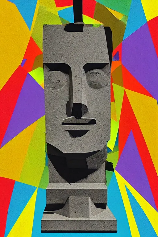 Image similar to cubist moai statue cutout digital illustration cartoon colorful beeple