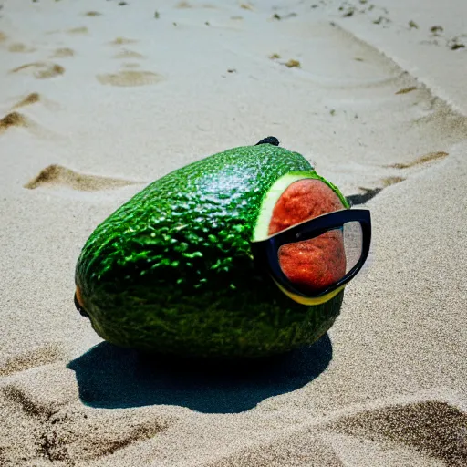 Prompt: an avocado with sunglasses driving a Ferrari on the beach