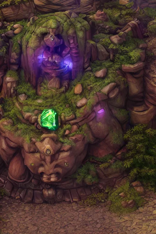 Image similar to zelda fantasy art giant golem troll wood rock greeble gemstone, global illumination ray tracing hdr fanart arstation by sung choi and eric pfeiffer and gabriel garza and casper konefal