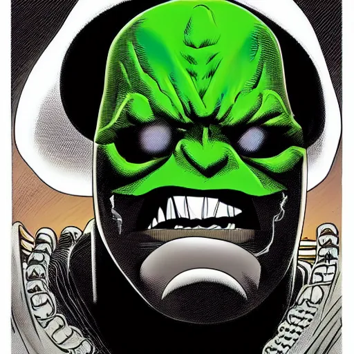 Image similar to the hip hop artist MF DOOM as the hulk
