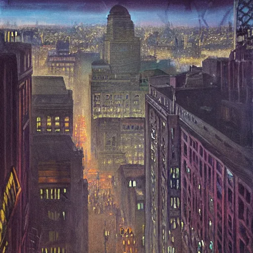 Prompt: muted color ultra realistic painting of 1 9 2 5 boston downtown at night in doctor strange's mirror dimension, aerial view, dark, brooding, night, atmospheric, horror, cosmic, ultra - realistic, smooth, highly detailed in the style of clyde caldwell