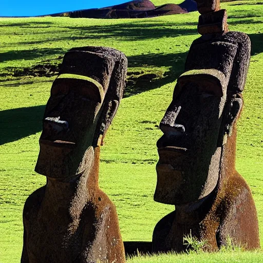 Prompt: easter island but the statues all look like rodney dangerfield, outdoor photography, landscape, detailed,