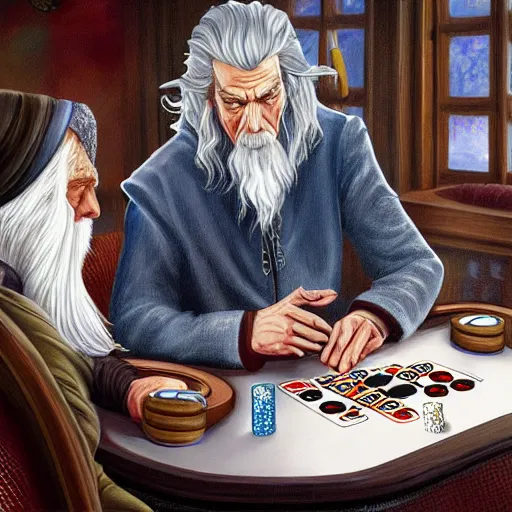 Image similar to gandalf playing poker, casino highly detailed, digital art,