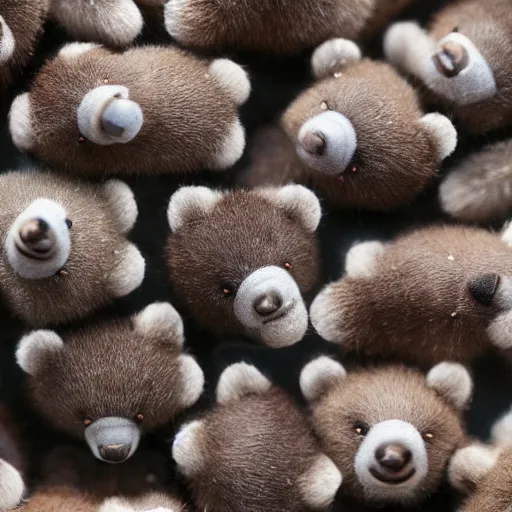 Image similar to macro shot photograph of dozens of extremely tiny realistic looking bears inside of a plastic tiny bears product food bag package, 4 k, highly detailed