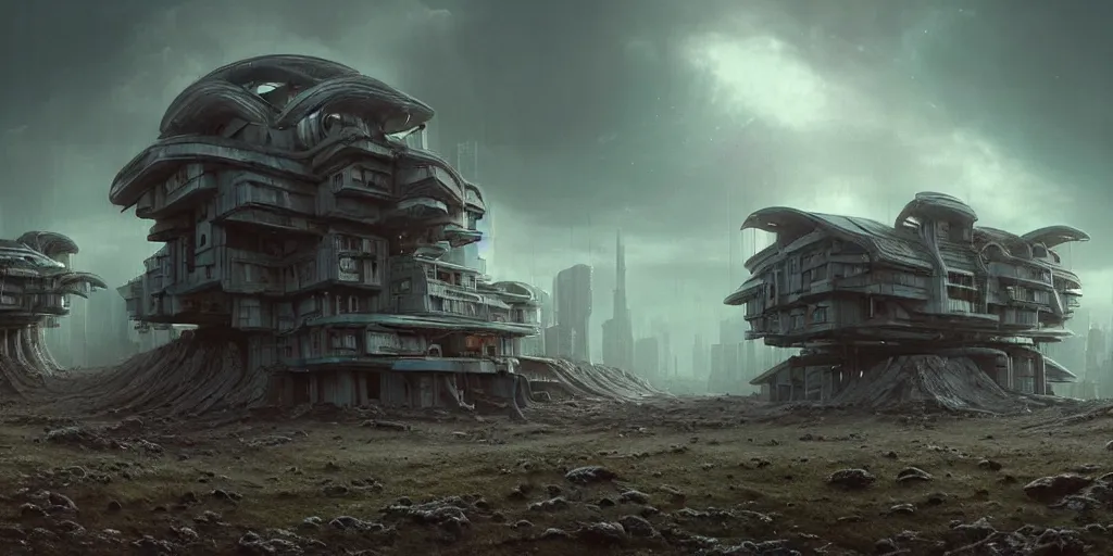 Prompt: an epic 3 d mattepainting and photobash of a massive cyberpunk cabin of alien eggs with style of futuristic and hyper - realist and post apocalypse including nuclear war and daylight and interstellar with scifi blockbuster cg vfx concept art riot cinematic bio hazard soviet by zdislaw beksinski and fvckrender and visualdon trending on cgsociety unreal engine 5