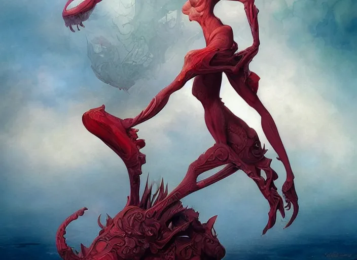 Image similar to woman loves sit upon a scarlet coloured beast, pain, light effect, hyper detailed, intricate, elegant, highly detailed, digital painting, artstation, concept art, matte, sharp focus, illustration, by peter mohrbacher, hajime sorayama, wayne barlowe, boris vallejo, aaron horkey, gaston bussiere, craig mullins