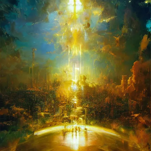 Image similar to God Saint-Light Paradise, hyperrealism, no blur, 4k resolution, ultra detailed, style of John Berkey, Hans Thoma, Anato Finnstark