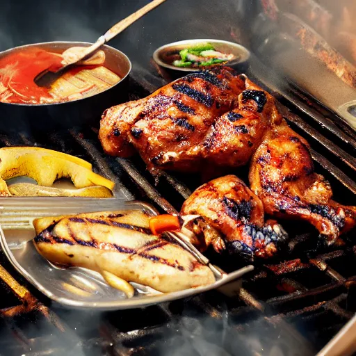 Prompt: barbeque grilled chicken, high details, cinematic, 8k resolution, beautiful detailed, insanely intricate details, artstation trending, octane render, unreal engine,