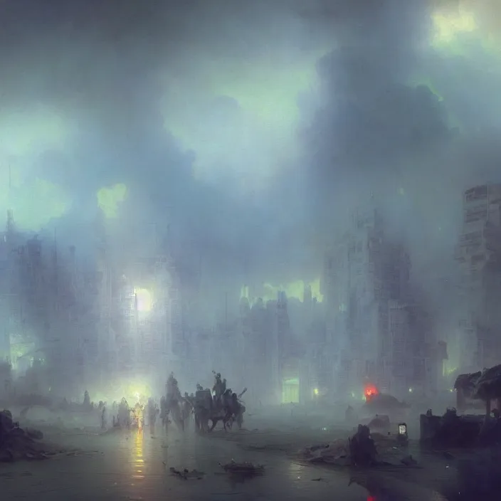 Prompt: a beautiful painting of an underground vaporwave city wasteland by ivan aivazovsky and greg rutkowski and james gurney and frank lloyd and sung choi, in style of impressionism. hyper detailed, sharp focus, soft light. unreal engine 5 lumen. ray tracing. trending on artstation. digital art