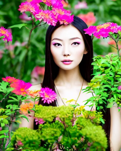 Image similar to an stunning beautiful chinese girl is surrounded by colourful flowers and plants, symmetric face and eyes, upper body face shot, long straight blonde hair, visible face 5 0 mm f 2. 2