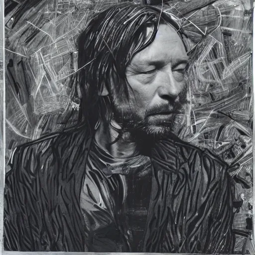 Image similar to Thom Yorke, a man with a beard and a black jacket, a portrait by John E. Berninger, dribble, neo-expressionism, uhd image, studio portrait, 1990s