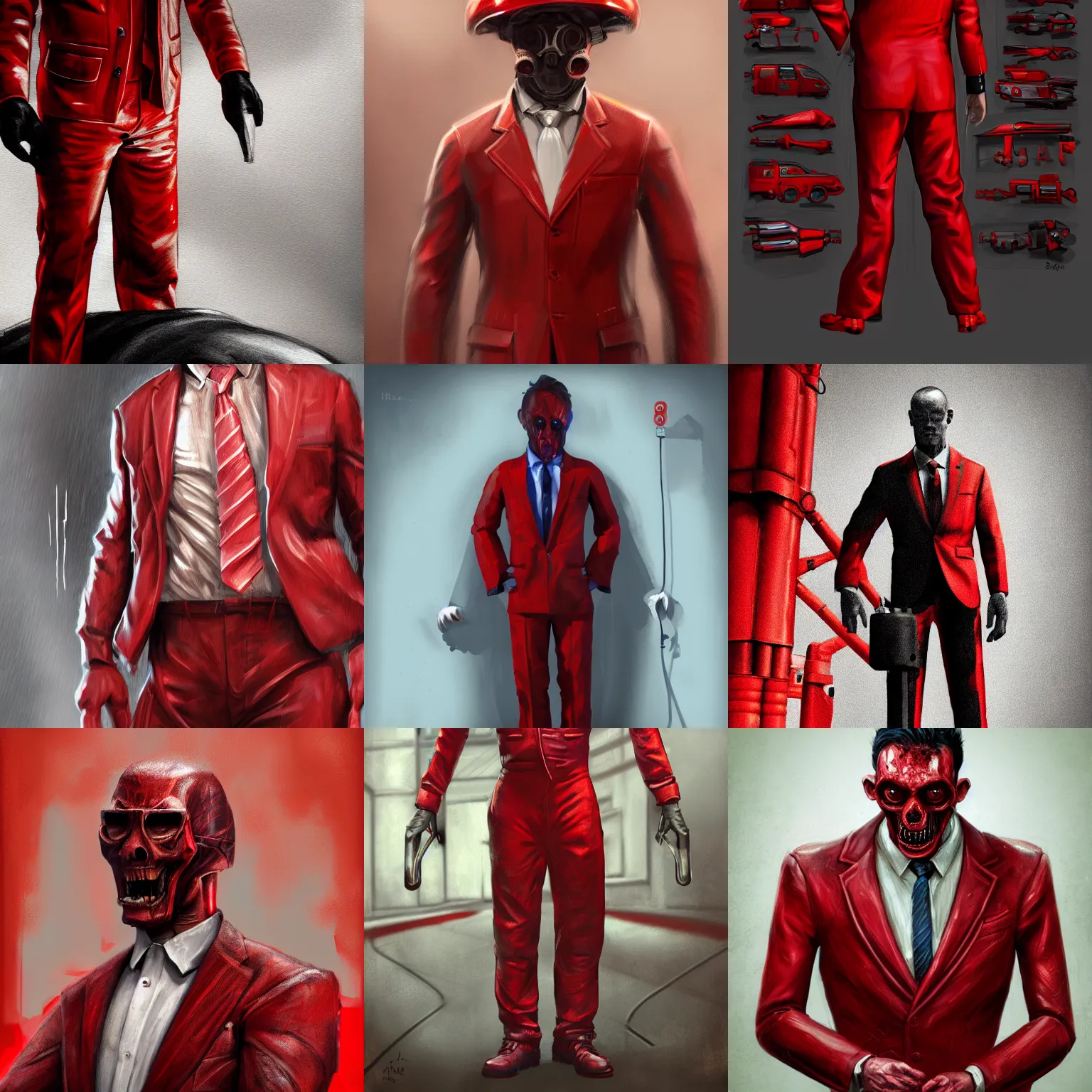 Prompt: a man wearing a red mechanic's suit, horror, highly detailed, digital painting, artstation, concept art, smooth, sharp focus, illustration, 8 k