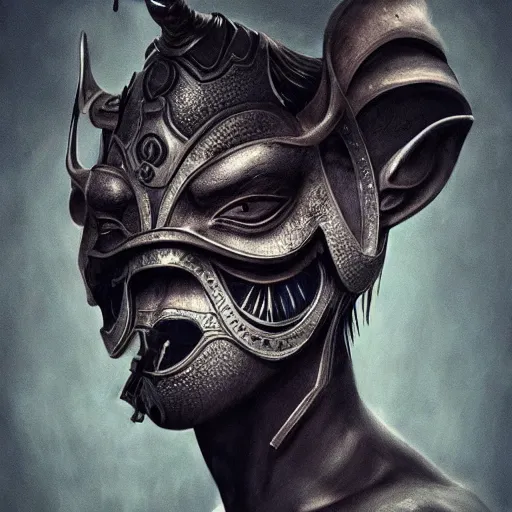 Image similar to Very very very very highly detailed epic photo of face with rhinoceros venetian mask, intricate, dystopian, sci-fi, extremely detailed, digital painting, artstation, concept art, smooth, sharp focus, illustration, intimidating lighting, incredible art by Artgerm