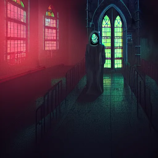 Image similar to The church of misery, cyberpunk, dark, digital art, night, scary, creepy