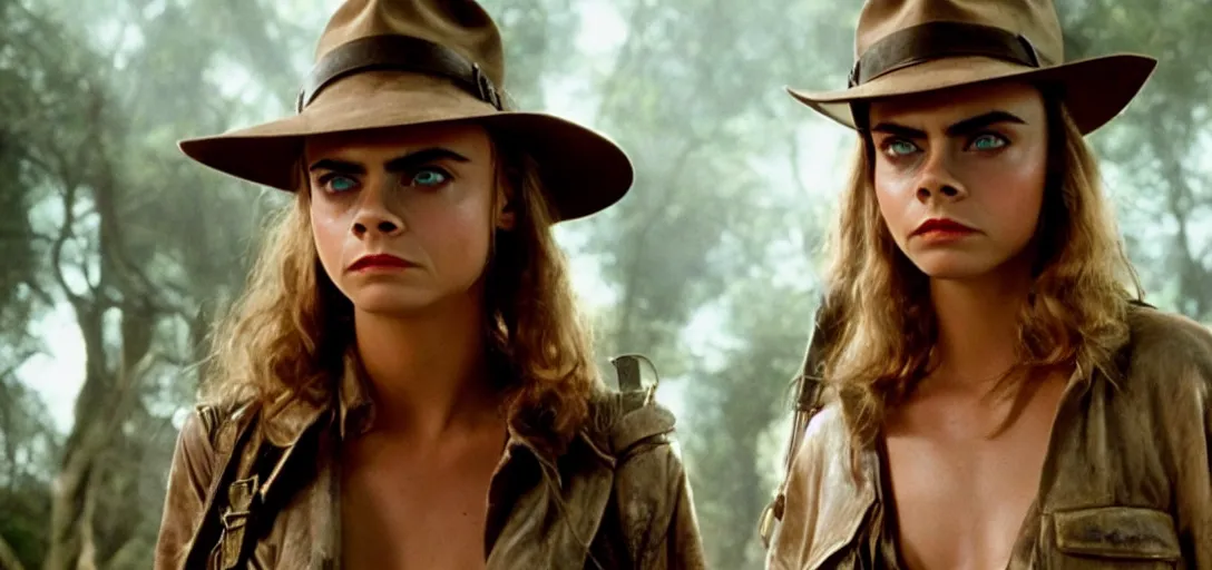 Prompt: still of cara delevingne as indiana jones in raiders of the lost ark ( 1 9 8 1 )