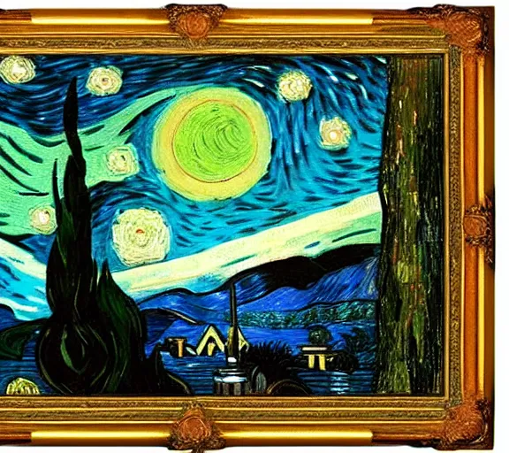 Image similar to Victorian woman singing quietly by a sacred lake at night, bright fire flies, big moon, stars, painted by Vincent van Gogh, Jacques-Louis David detailed