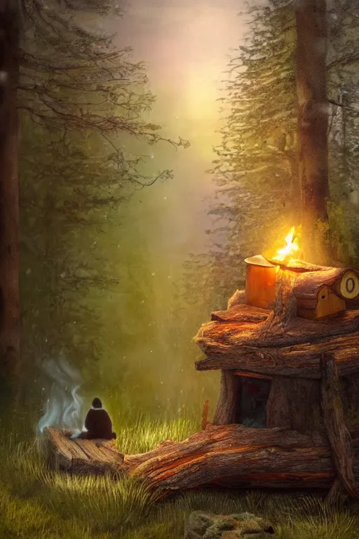 Image similar to Little house in gloomy woods with a bear sat on a log at a fire with a man with a lantern approaching it. Oil painting. Ultra HD. Sharp. Beautiful woods. Volumetric lighting. Ambient.