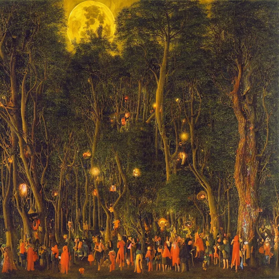 Prompt: a night carnival around a magical tree cavity, with a surreal orange moonlight and fireworks in the background, next to a lake with iridiscent water, christmas lights, folklore animals and people disguised as fantastic creatures in a magical forest by summer night, masterpiece painted by jan van eyck, dark night environment