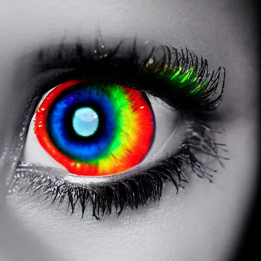 Prompt: (((((((( film still of a human eye with rainbow iris : realistic skin, realistic eye lashes : 8K UHD : colour splash !!!!!!