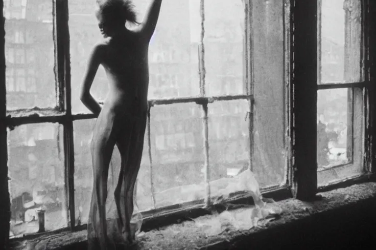 Image similar to photo of a city through the dirty window, photo by Francesca Woodman,