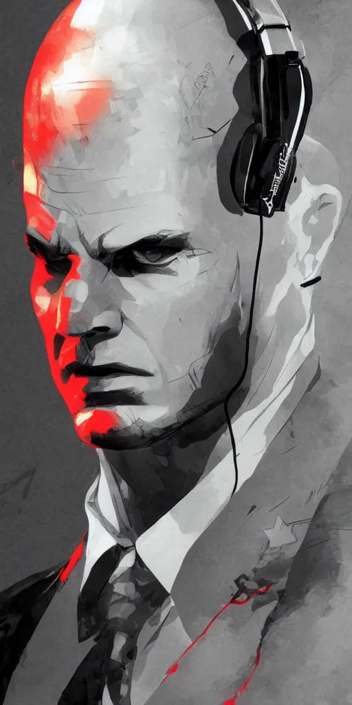 Image similar to a portrait of agent 4 7 from hitman wearing headphones, dark background, red rim light, digital art, artstation, art by yoji shinkawa