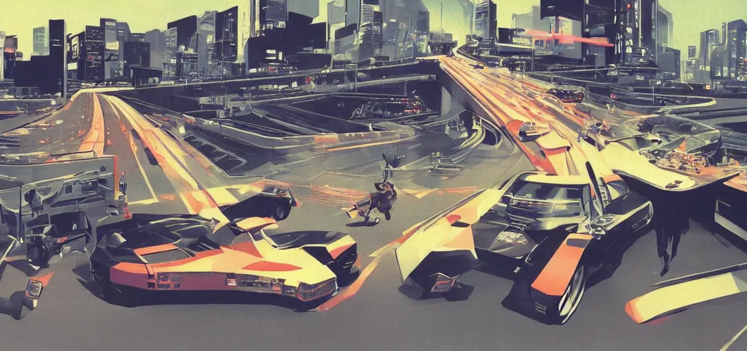 Image similar to a bosozoku truck speeding down a futuristic motorway, style of syd mead