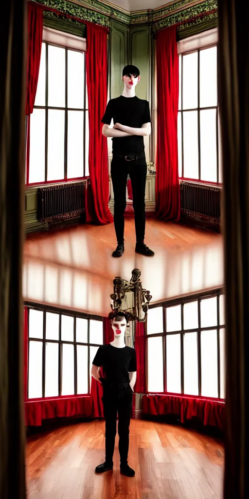 Prompt: androgynous male with black short hair and pale skin is standing in front of a mirror surrounded by victorian interior in a room with tall windows deep red curtains and moos green flooring. volumetric lighting, petspective room layout