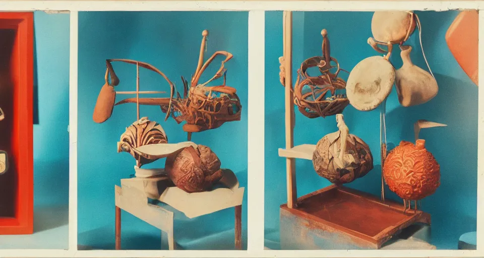 Image similar to A three color offset photography of objects on display, anthropology of wonder, exotic artifacts, bauhaus, colonial expedition, exhibition, 60s style