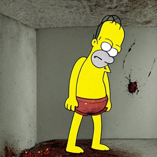 Prompt: homer simpson covered in dirt fearing for his life in a cold damp basement