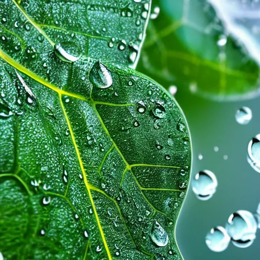 Image similar to a closeup photorealistic photograph of a leave with some water drops fantastic four theme.. bright scene. fine detail. this 4 k hd image is trending on artstation, featured on behance, well - rendered, extra crisp, features intricate detail, epic composition and the style of unreal engine.