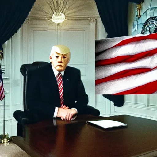 Image similar to president griffith from berserk by kentaro miura sitting at white house desk with american flag at his side